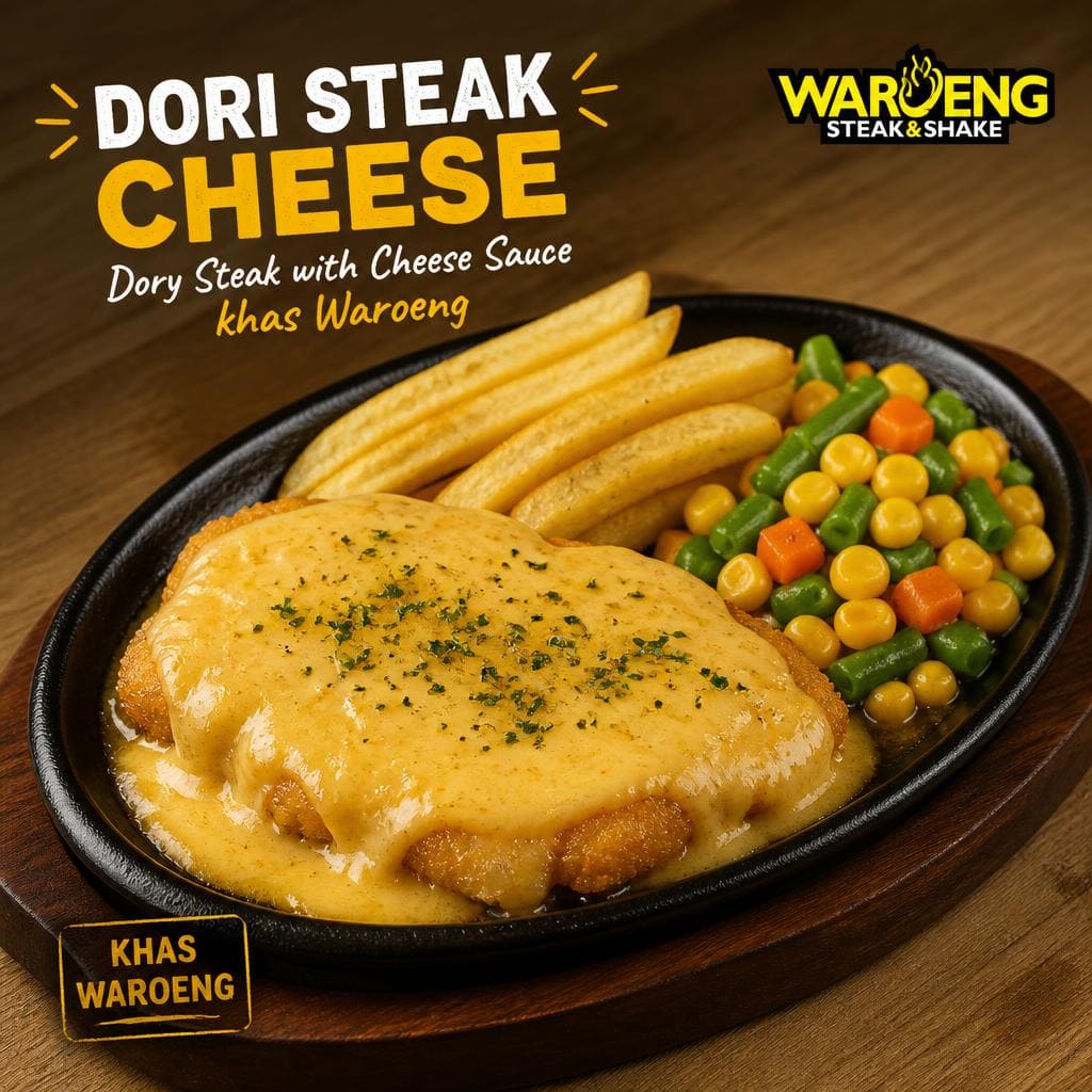 Dori Steak Cheese dengan ikan dori, saus keju, kentang lokal, dan sayuran